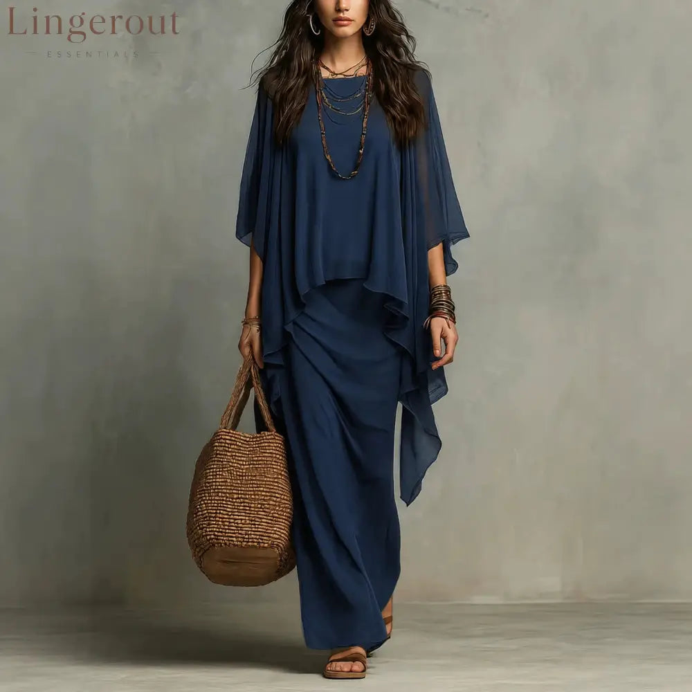 Flowy Linen Blend Poncho Top & Skirt Set - Navy blue / S