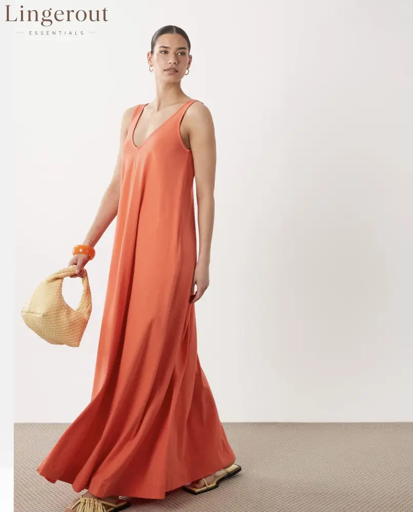 Flowy V-Neck Sleeveless Maxi Dress - Orange / S