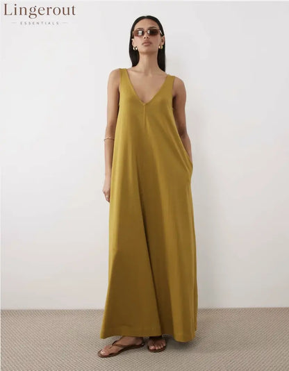 Flowy V-Neck Sleeveless Maxi Dress - Yellow / S