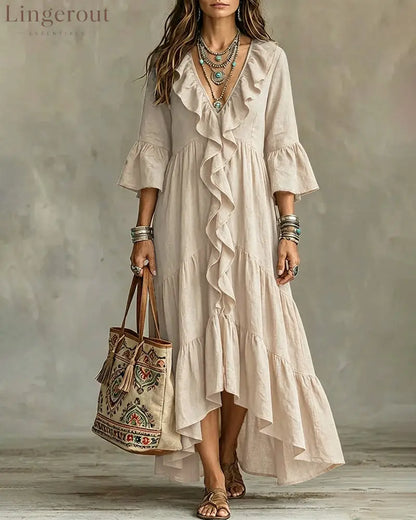 Flowy Vacation Deep V-neck Ruffled Dress - Apricot / S - Dresses