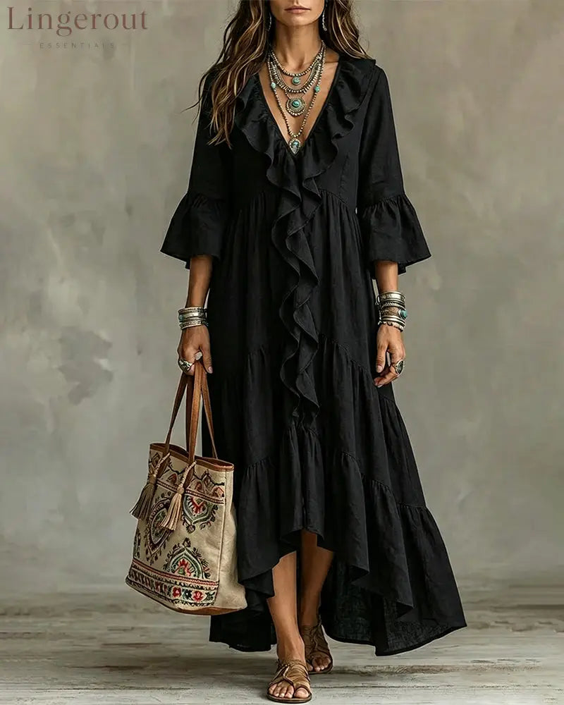 Flowy Vacation Deep V-neck Ruffled Dress - Black / S - Dresses