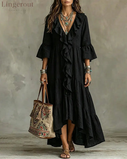 Flowy Vacation Deep V-neck Ruffled Dress - Black / S - Dresses