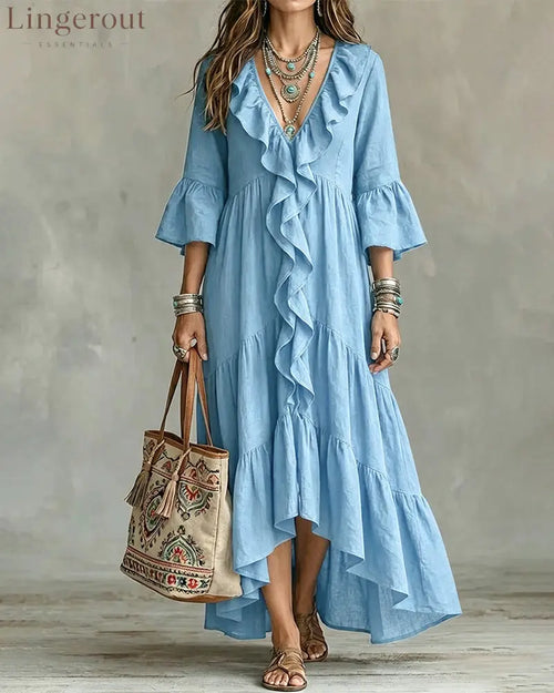 Flowy Vacation Deep V-neck Ruffled Dress - Blue / S - Dresses