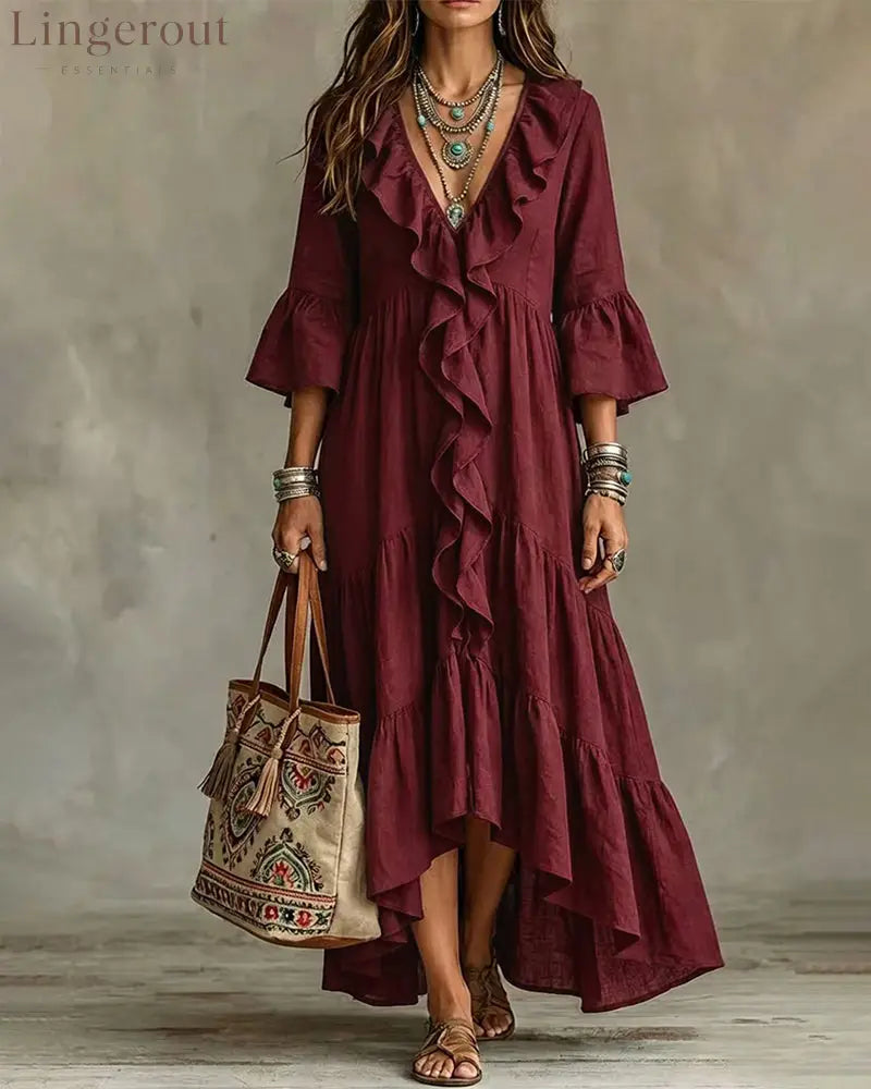 Flowy Vacation Deep V-neck Ruffled Dress - Burgundy / S - Dresses