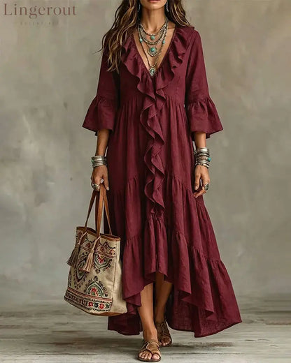 Flowy Vacation Deep V-neck Ruffled Dress - Burgundy / S - Dresses