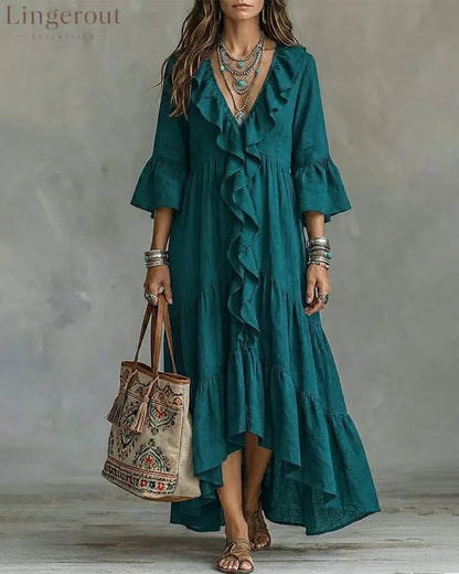 Flowy Vacation Deep V-neck Ruffled Dress - Dark Green / S - Dresses