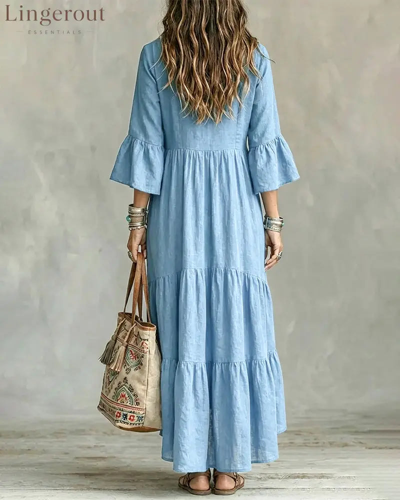 Flowy Vacation Deep V-neck Ruffled Dress - Dresses