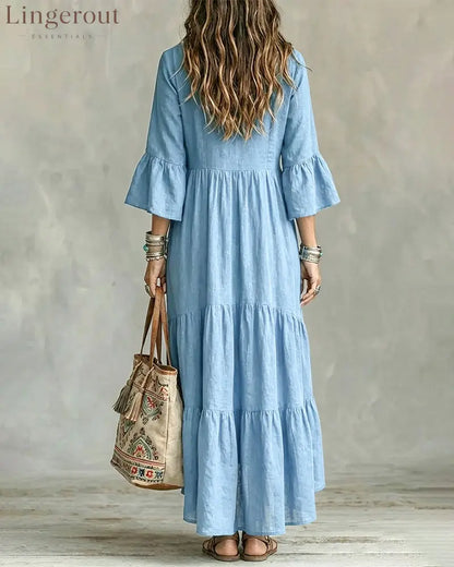Flowy Vacation Deep V-neck Ruffled Dress - Dresses