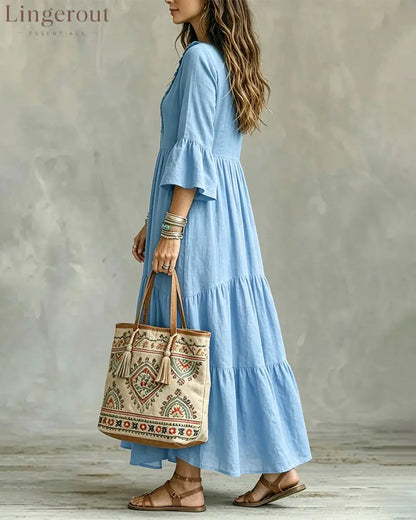 Flowy Vacation Deep V-neck Ruffled Dress - Dresses