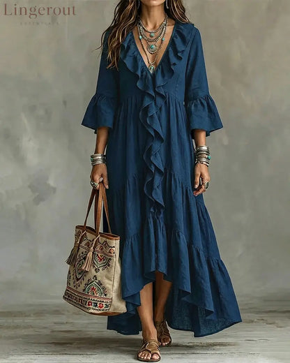 Flowy Vacation Deep V-neck Ruffled Dress - Navy Blue / S - Dresses