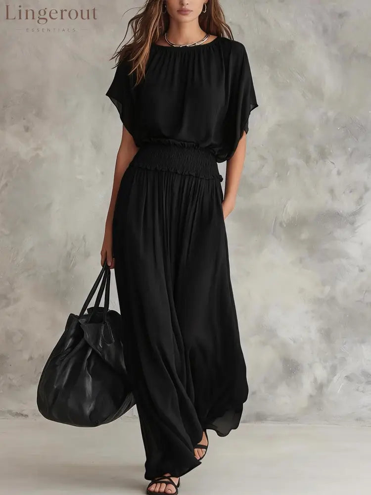 Flowy Wide-Leg Smocked Waist Jumpsuit - Black / S