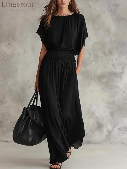 Flowy Wide-Leg Smocked Waist Jumpsuit - Black / S