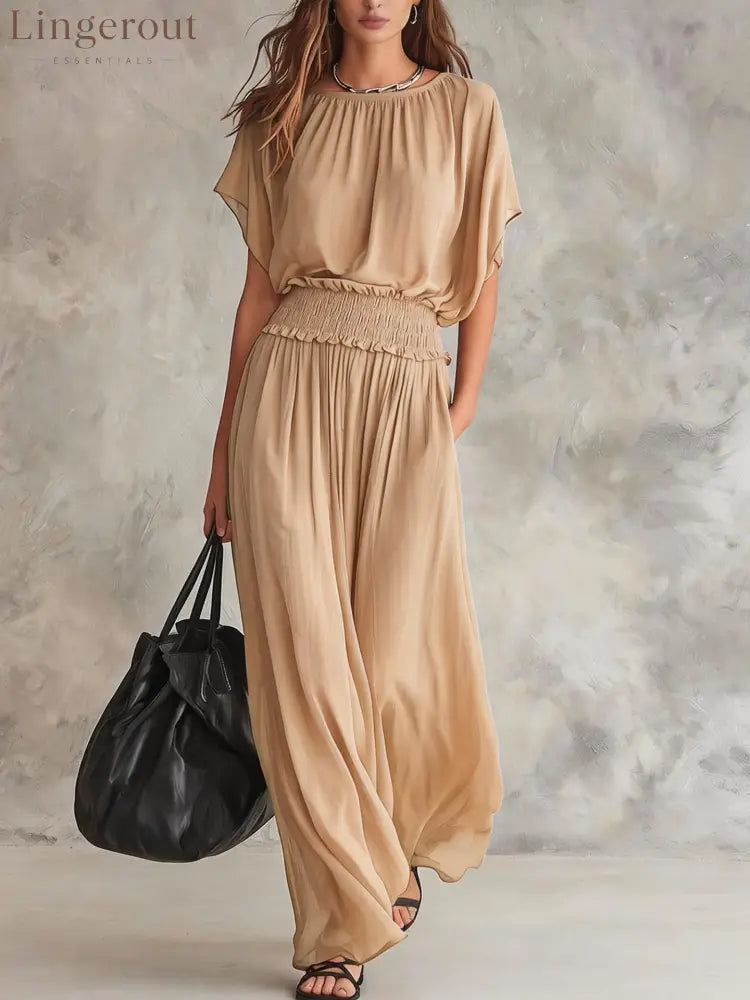 Flowy Wide-Leg Smocked Waist Jumpsuit - Khaki / S