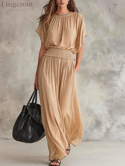 Flowy Wide-Leg Smocked Waist Jumpsuit - Khaki / S