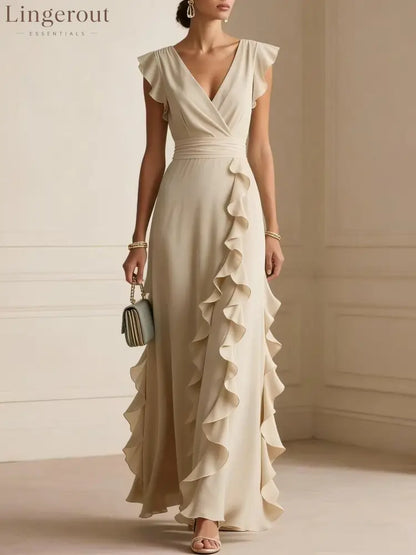 Flutter Sleeve Ruffle Maxi Dress - Apricot / S