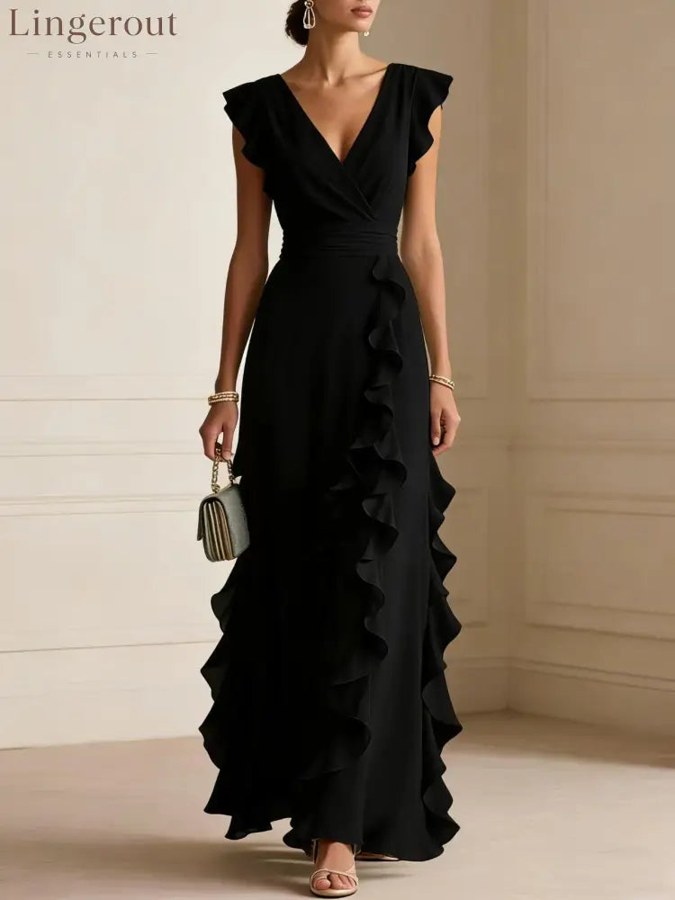 Flutter Sleeve Ruffle Maxi Dress - Black / S