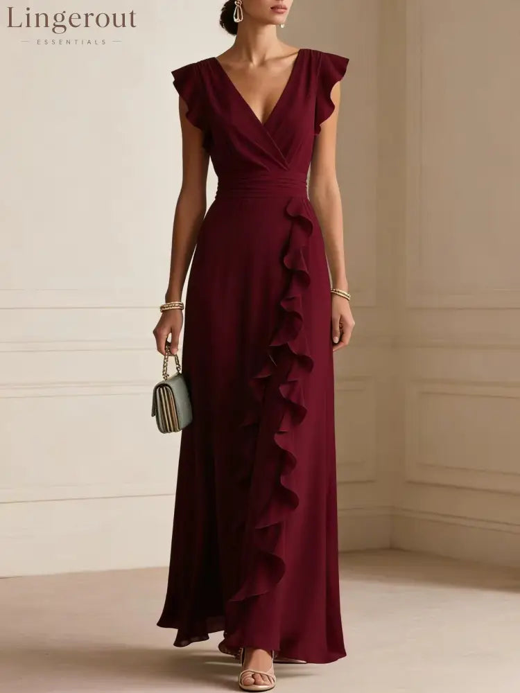 Flutter Sleeve Ruffle Maxi Dress - Burgundy / S