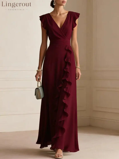 Flutter Sleeve Ruffle Maxi Dress - Burgundy / S