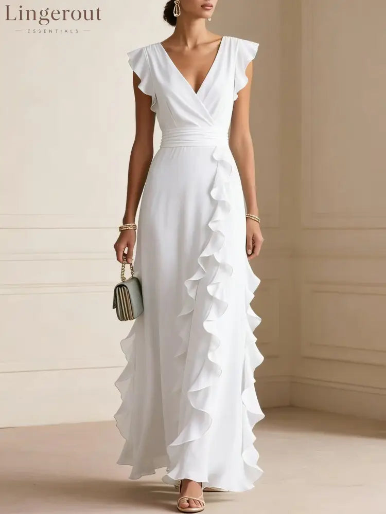 Flutter Sleeve Ruffle Maxi Dress - White / S