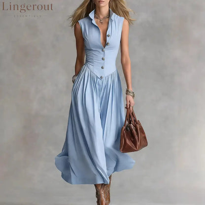 French Elegant Goddess Style Slim Fit Lapel Long Sleeveless Dress For Women