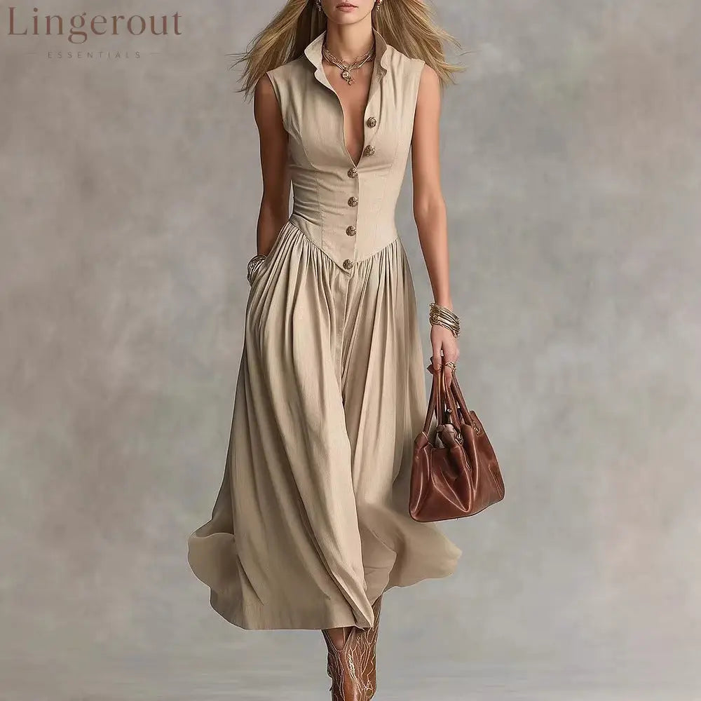 French Elegant Goddess Style Slim Fit Lapel Long Sleeveless Dress For Women