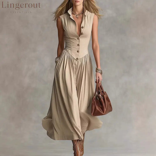 French Elegant Goddess Style Slim Fit Lapel Long Sleeveless Dress For Women