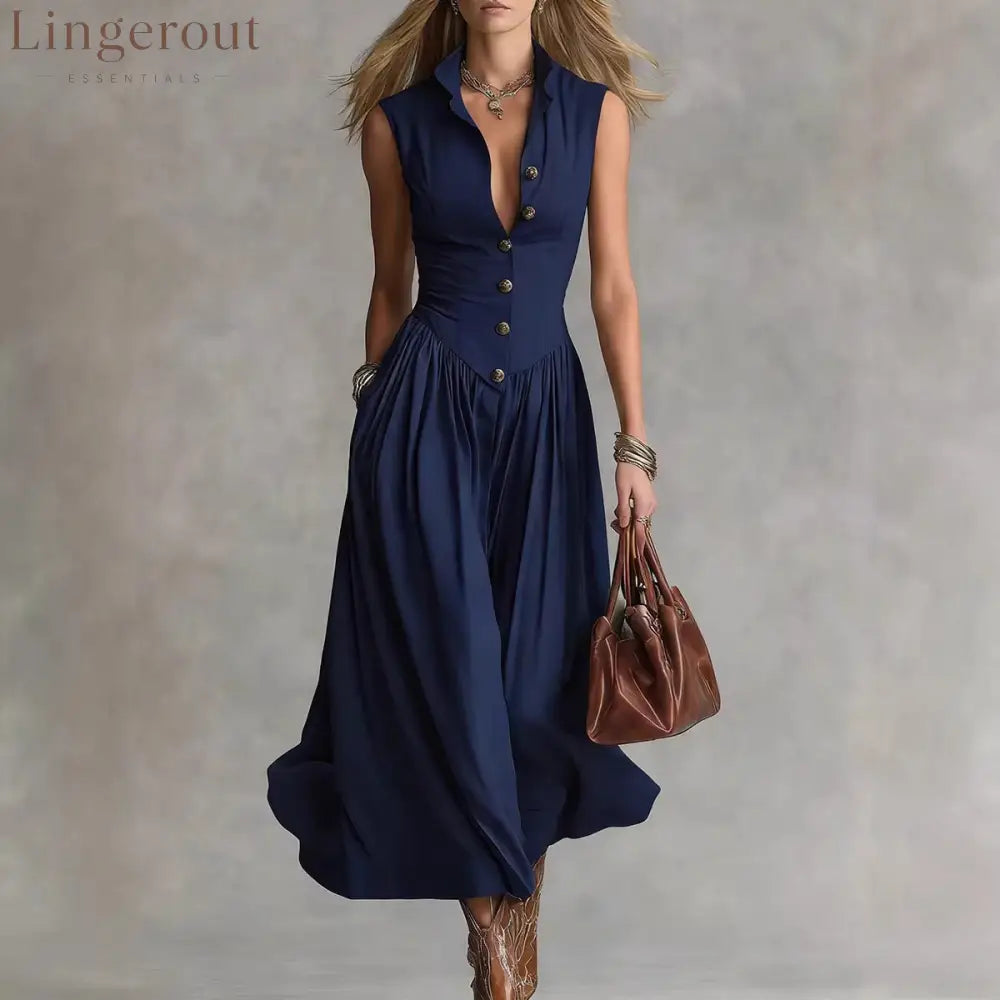 French Elegant Goddess Style Slim Fit Lapel Long Sleeveless Dress For Women