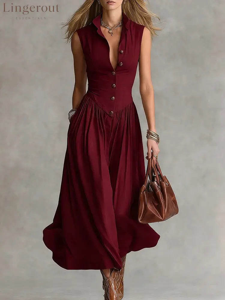 French Elegant Goddess Style Slim Fit Lapel Long Sleeveless Dress For Women - Claret / S
