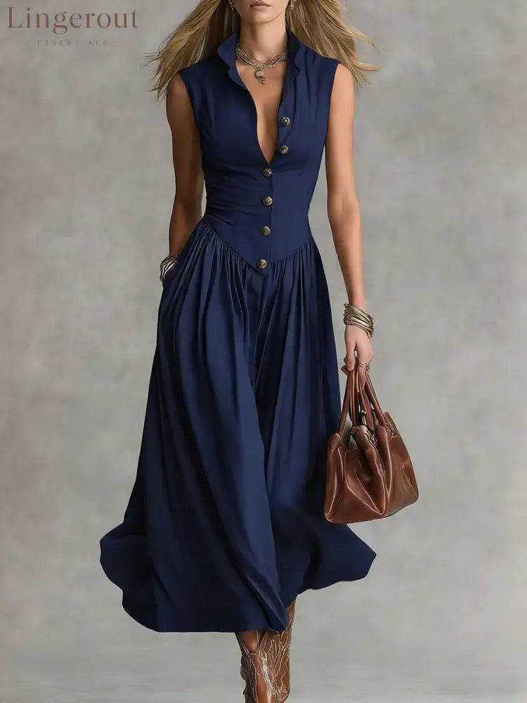 French Elegant Goddess Style Slim Fit Lapel Long Sleeveless Dress For Women - Dark blue / S