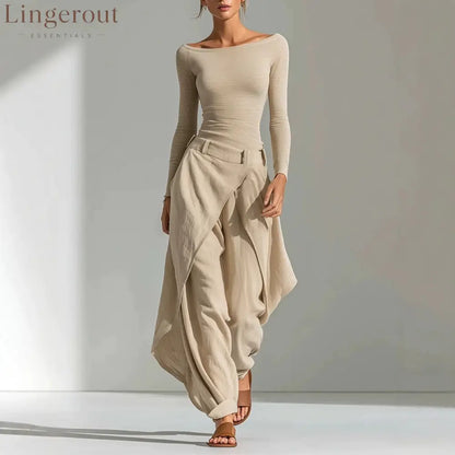 2026 European And American French One-Shoulder Slim Long-Sleeved Tops Irregular Wide-Leg Pants Temperament Casual
