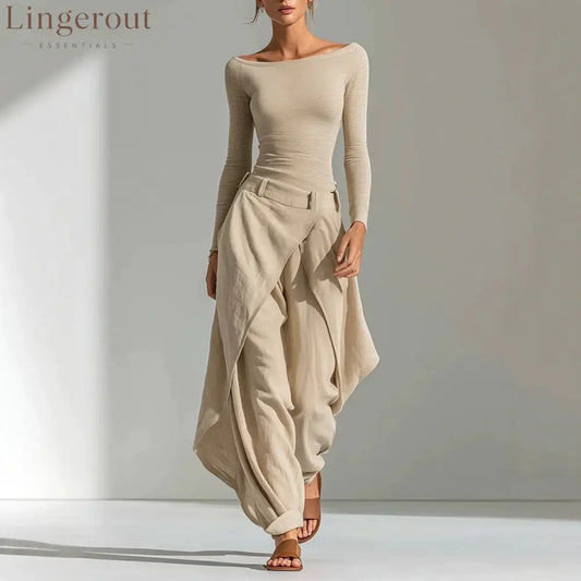 2026 European And American French One-Shoulder Slim Long-Sleeved Tops Irregular Wide-Leg Pants Temperament Casual