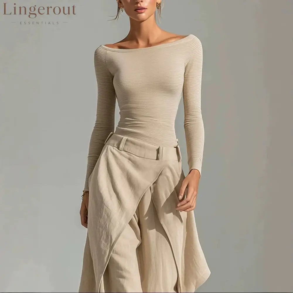 2026 European And American French One-Shoulder Slim Long-Sleeved Tops Irregular Wide-Leg Pants Temperament Casual