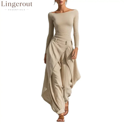 2026 European And American French One-Shoulder Slim Long-Sleeved Tops Irregular Wide-Leg Pants Temperament Casual
