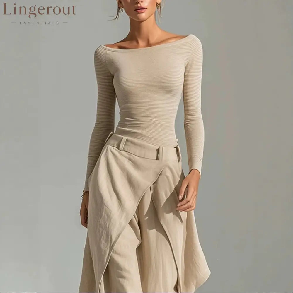 2026 European And American French One-Shoulder Slim Long-Sleeved Tops Irregular Wide-Leg Pants Temperament Casual