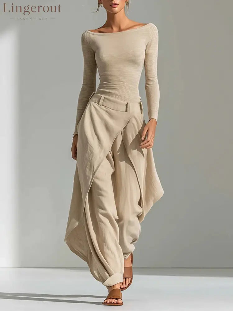 2026 European And American French One-Shoulder Slim Long-Sleeved Tops Irregular Wide-Leg Pants Temperament Casual