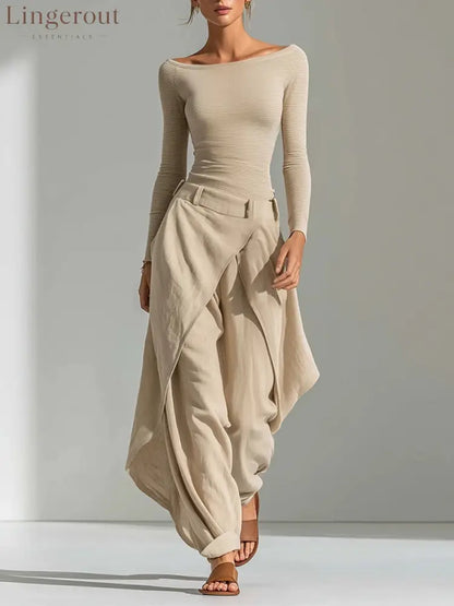 2026 European And American French One-Shoulder Slim Long-Sleeved Tops Irregular Wide-Leg Pants Temperament Casual