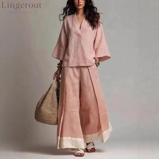 French V-Neck Three-Quarter Sleeve Shirt + Contrasting Color Wide-Leg Pants Suit For Women
