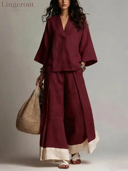 French V-Neck Three-Quarter Sleeve Shirt + Contrasting Color Wide-Leg Pants Suit For Women - Claret / S
