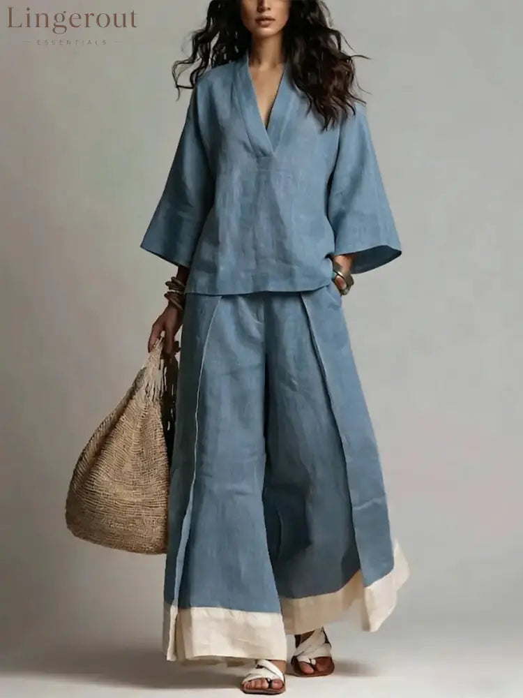 French V-Neck Three-Quarter Sleeve Shirt + Contrasting Color Wide-Leg Pants Suit For Women - Denim blue / S