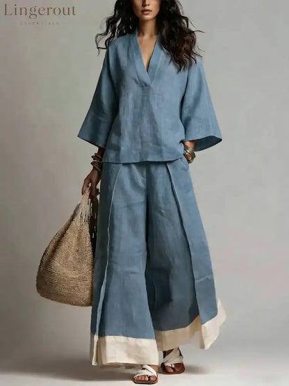 French V-Neck Three-Quarter Sleeve Shirt + Contrasting Color Wide-Leg Pants Suit For Women - Denim blue / S