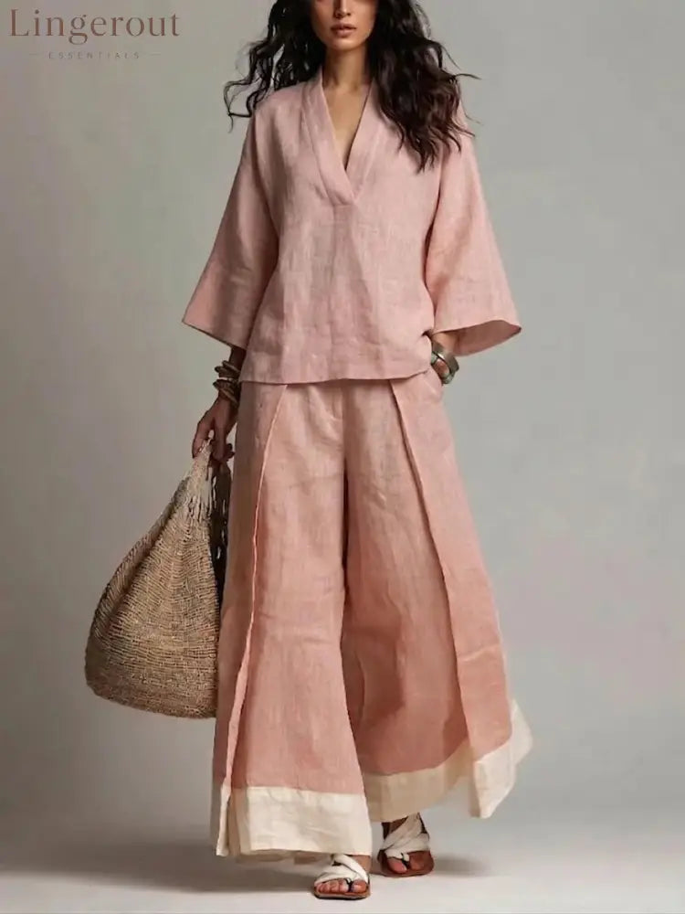 French V-Neck Three-Quarter Sleeve Shirt + Contrasting Color Wide-Leg Pants Suit For Women - Pink / S
