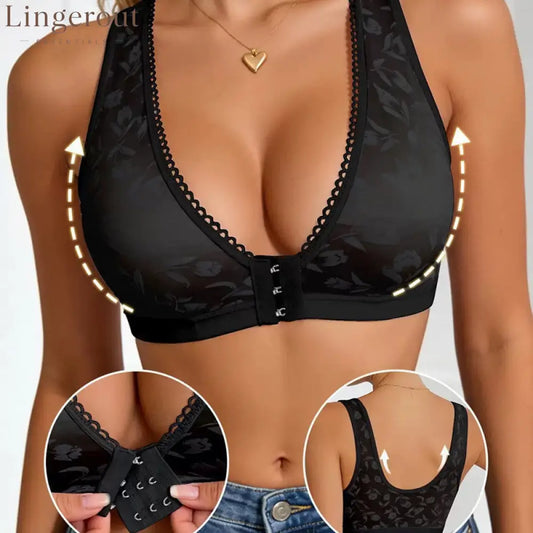 Front Hook Closure Racerback Wireless Bra Floral Lace Deep V No Underwire Everyday Support Bra