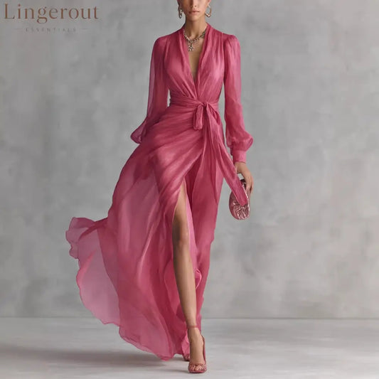 Fuchsia Chiffon Wrap Maxi Dress Timeless Elegance Effortless Allure - Picture color / S