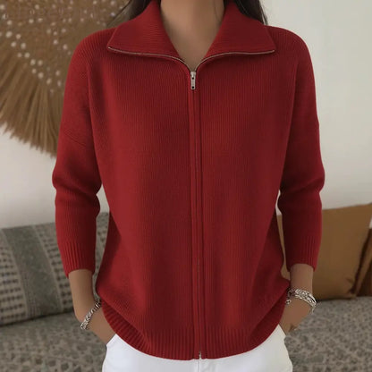 Full Zip Ribbed Knit Collared Cardigan