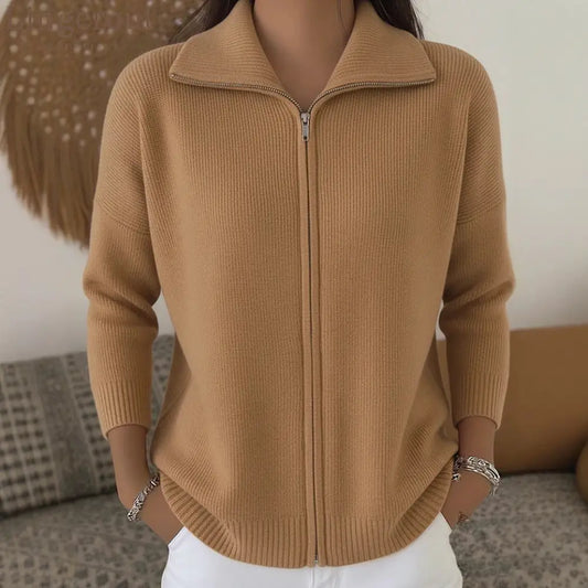 Full Zip Ribbed Knit Collared Cardigan
