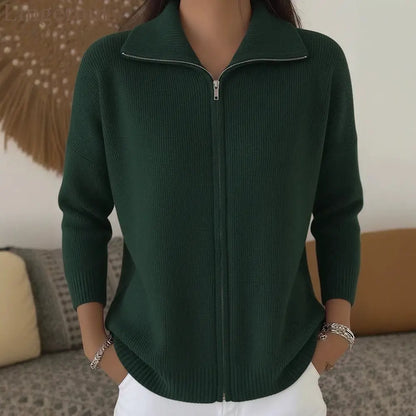 Full Zip Ribbed Knit Collared Cardigan - Green / S