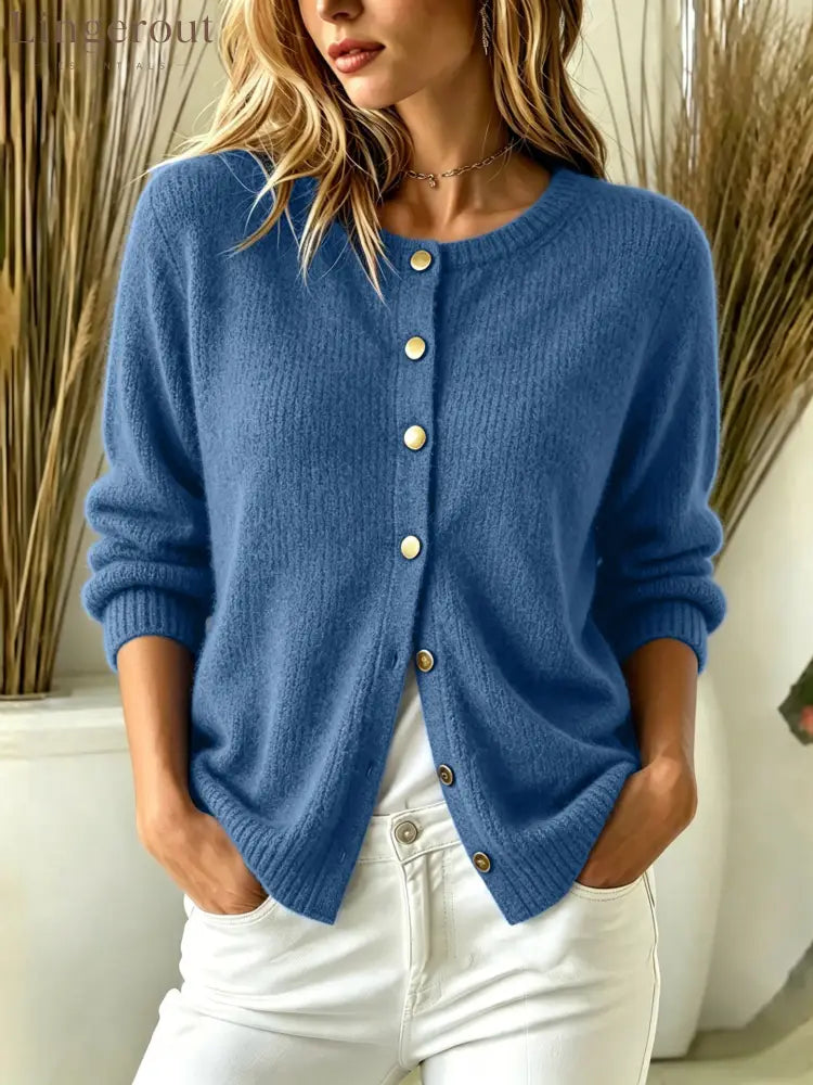 Fuzzy Knit Round Neck Gold Button Cardigan - Blue / S