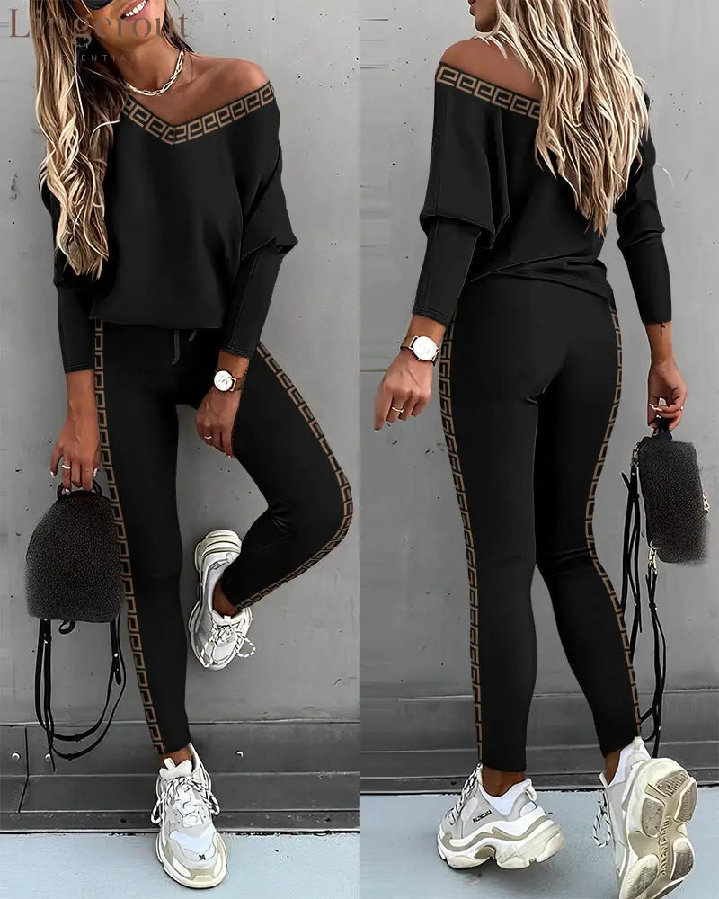 Geo Tape Patch Gigot Sleeve Top & Pants Set - Black / S