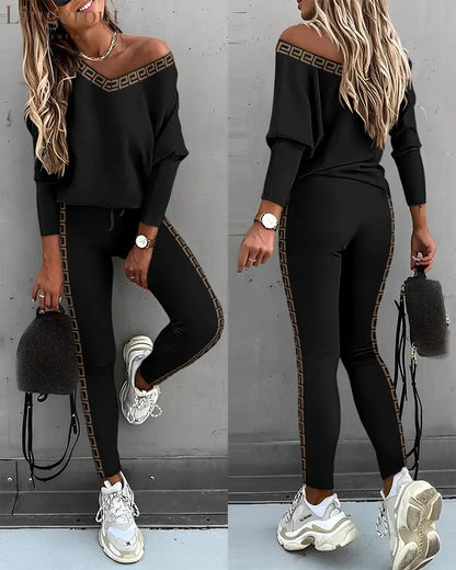 Geo Tape Patch Gigot Sleeve Top & Pants Set - Black / S
