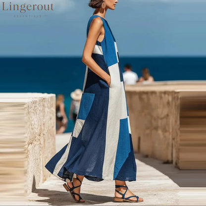 Geometric Color Block Sleeveless Vacation Maxi Dress